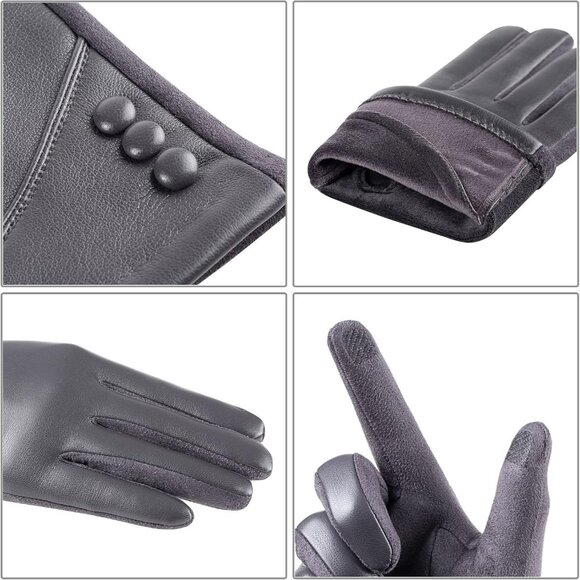 Women's Winter Leather Gloves Touch Screen Wool Lined Windproof Warm Suede Grey - Picture 3 of 7